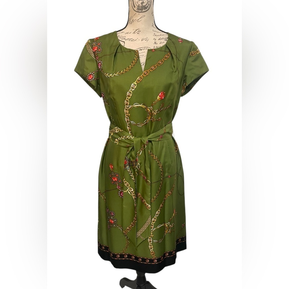Talbots Green Silk Chain Print Belted Midi Dress Size 10